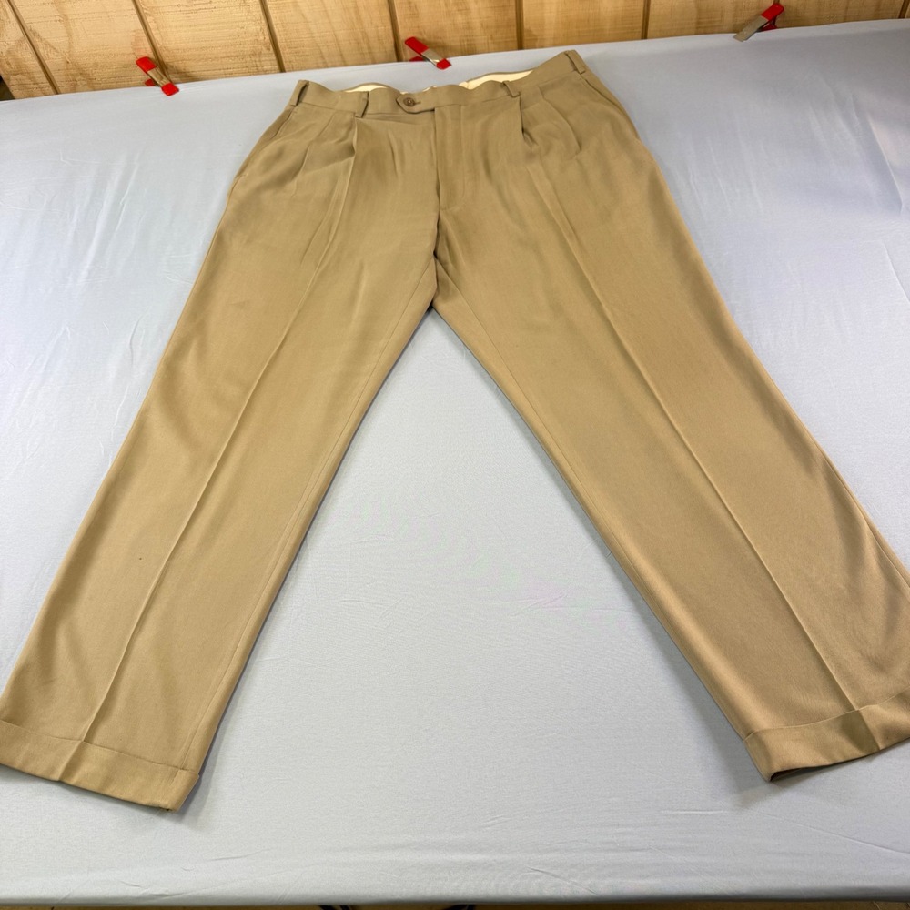 Brooks Brothers 346 Mens 100% Silk Herringbone Pleated Trousers Tan 38x30 Cuffed